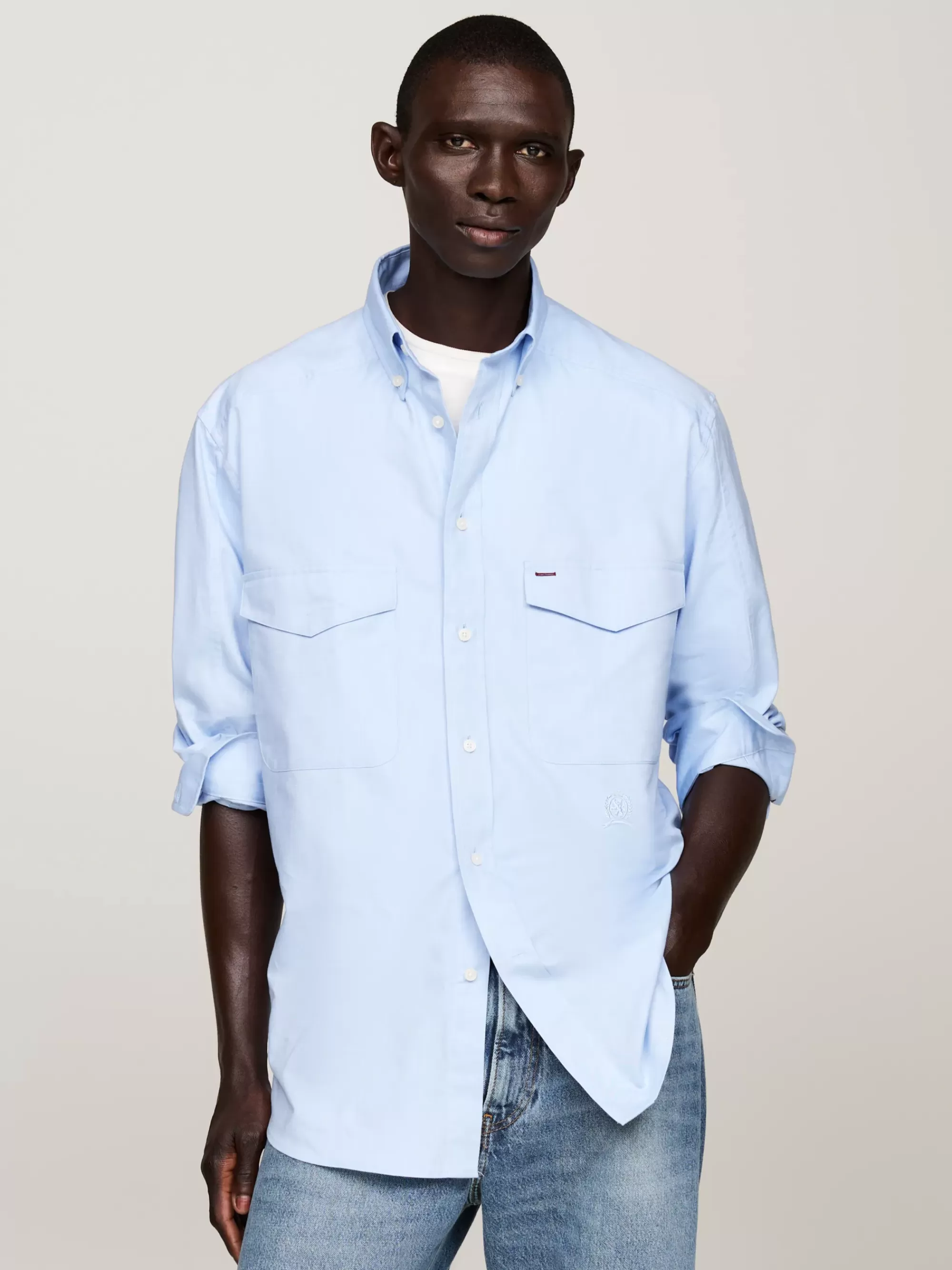 Overhemden*Tommy Hilfiger Officer-overhemd Met Ton-sur-ton Embleem AMBIENT BLUE