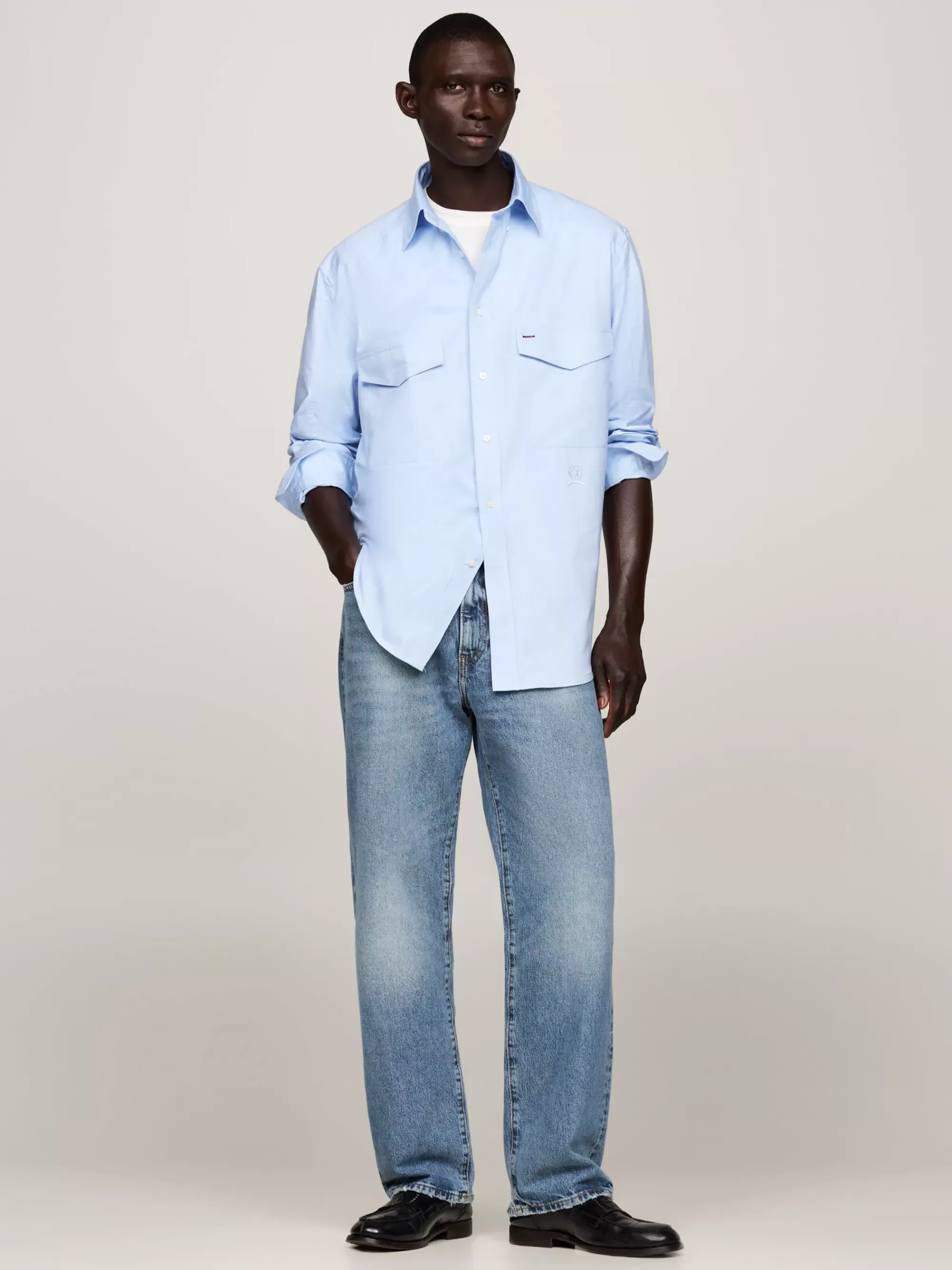 Overhemden*Tommy Hilfiger Officer-overhemd Met Ton-sur-ton Embleem AMBIENT BLUE