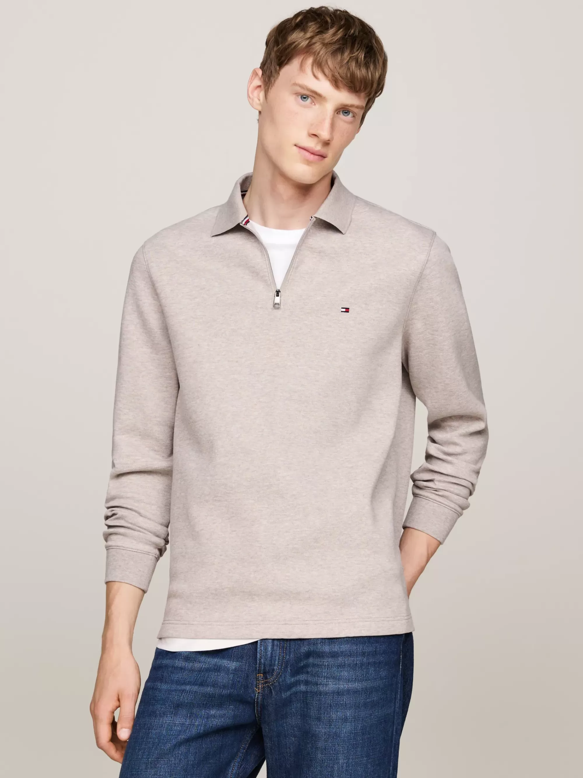 Polo's*Tommy Hilfiger Regular Fit Polo Met Lange Mouwen En 1/4-rits PEBBLED HEATHER