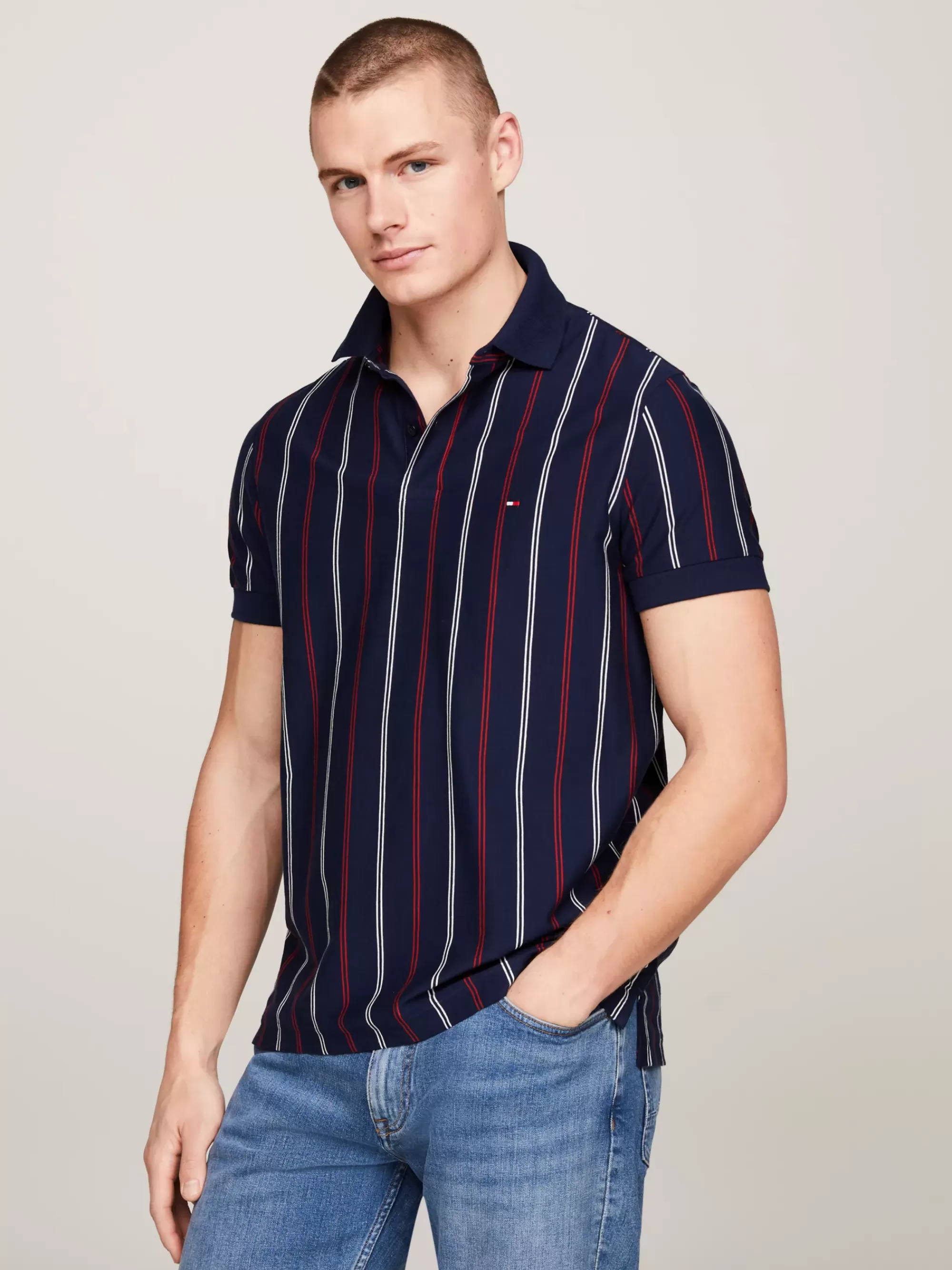 Polo's*Tommy Hilfiger Regular Fit Polo Met Verticale Streep CARBON NAVY / ANCIENT WHITE