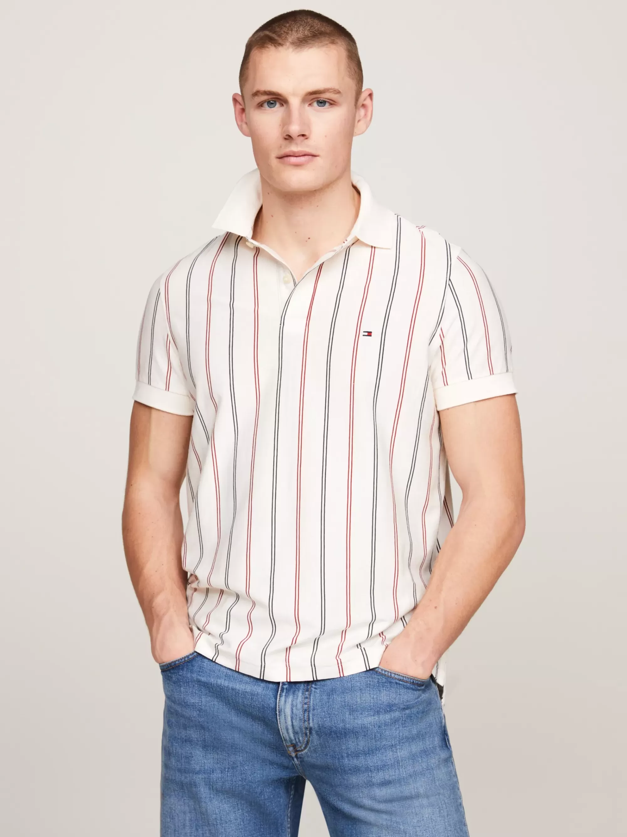 Polo's*Tommy Hilfiger Regular Fit Polo Met Verticale Streep ANCIENT WHITE / DARK MAGMA
