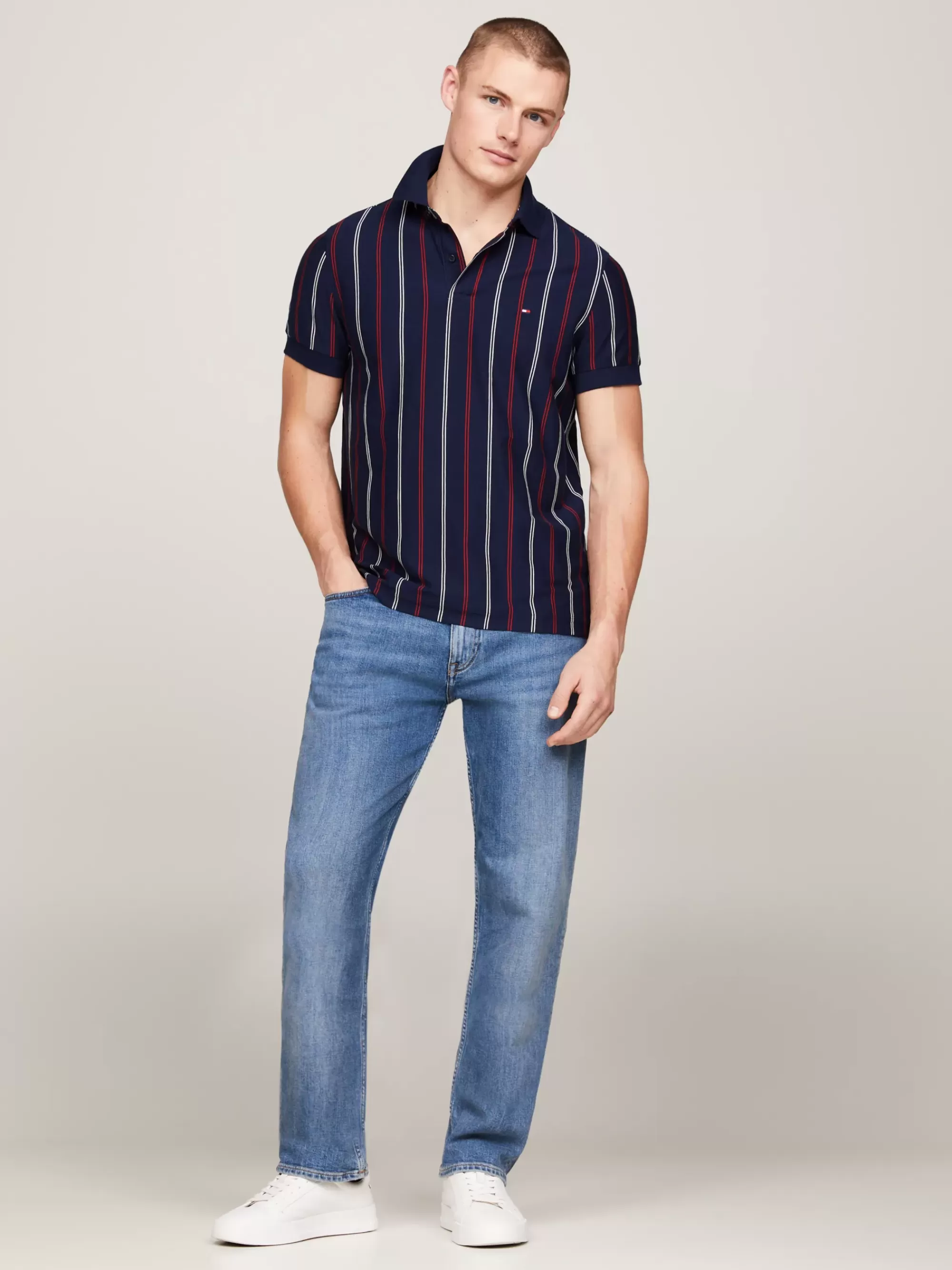 Polo's*Tommy Hilfiger Regular Fit Polo Met Verticale Streep CARBON NAVY / ANCIENT WHITE